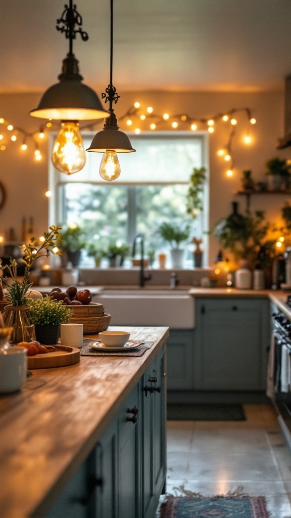 Cozy kitchen with warm lighting fixtures and rustic decor