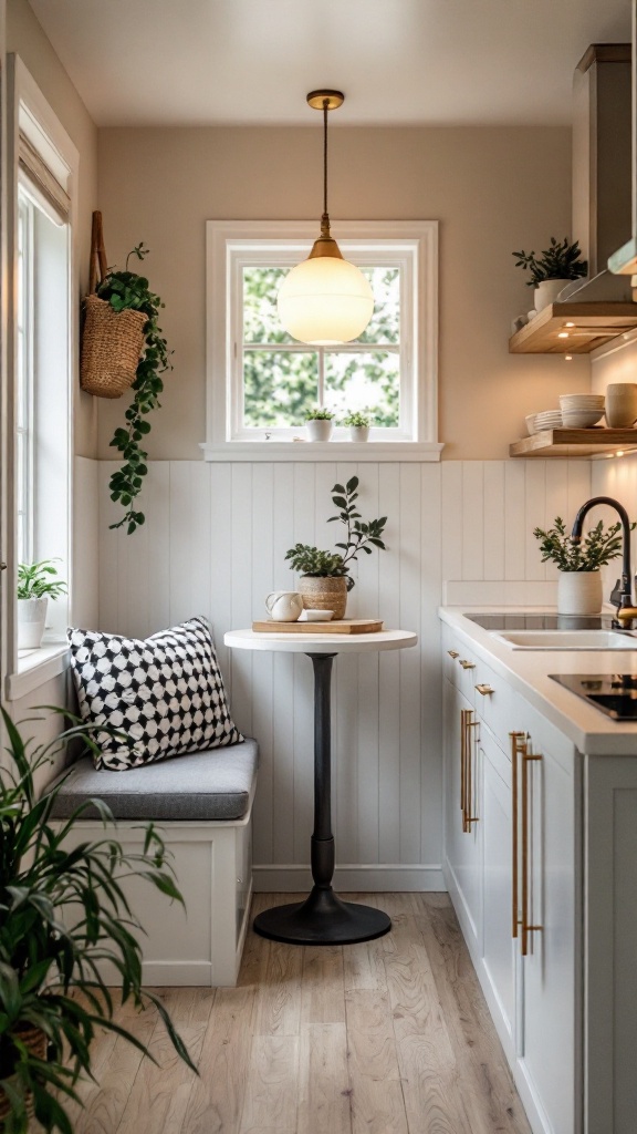 Cozy kitchen nook with a small table, bench seating, and plants