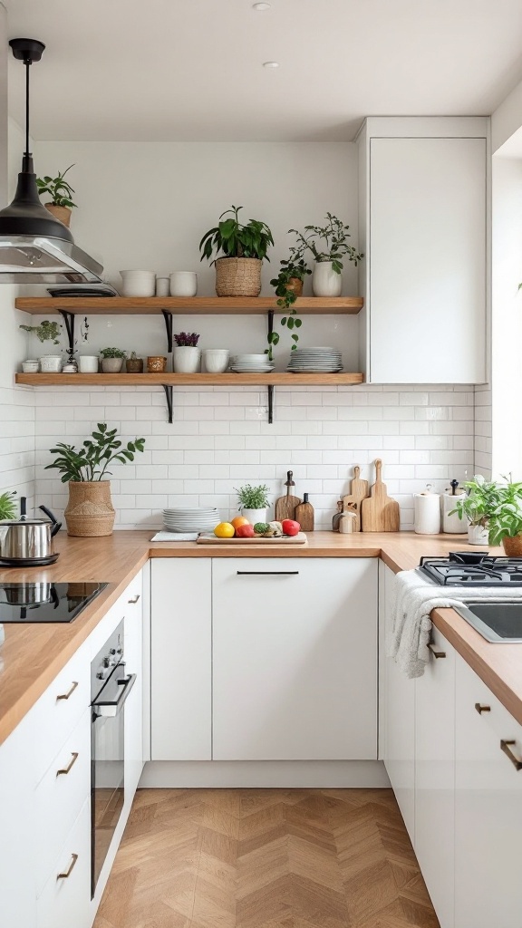 A cozy kitchen with plants, wooden countertops, and white cabinetry.