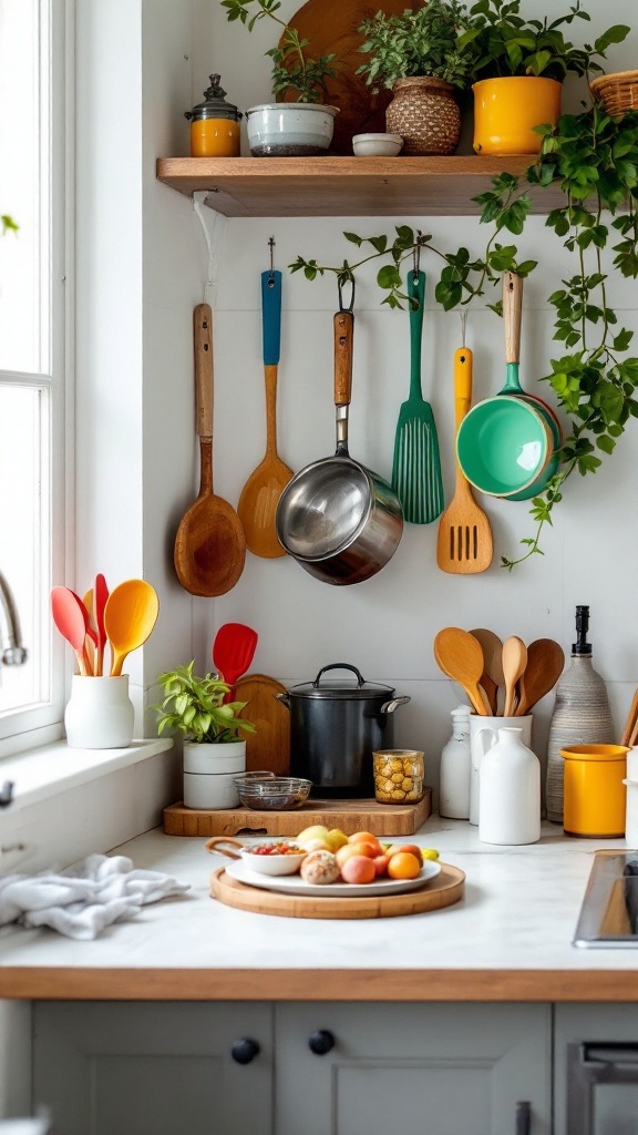 A cozy kitchen with wooden utensils, colorful pots, and plants on shelves, highlighting functional decor.