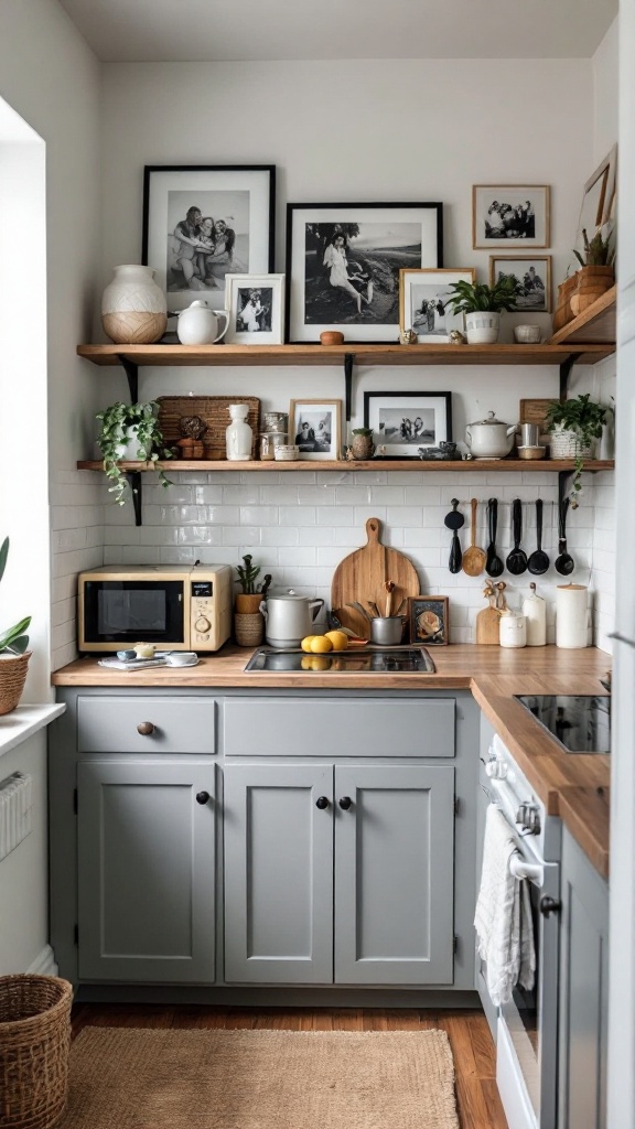 A cozy kitchen with rustic elements, showcasing personal decor and practical kitchen items.