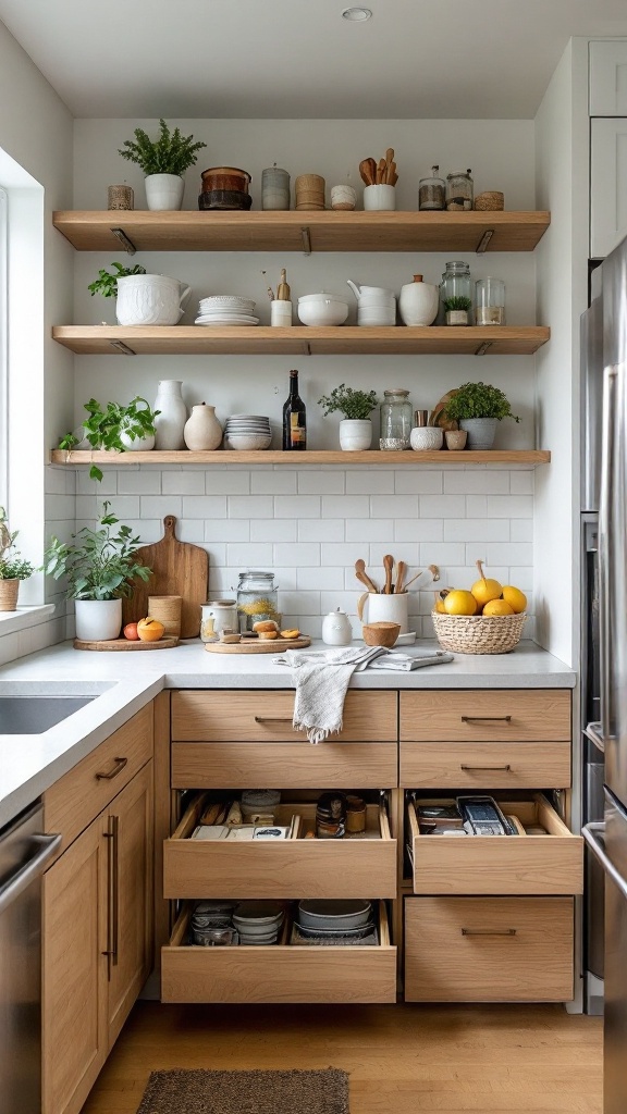 A cozy kitchen with open wooden shelves, neatly organized drawers, and a warm aesthetic.