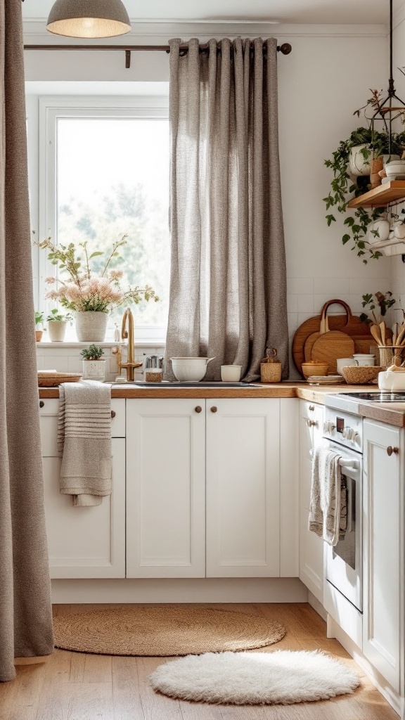 Cozy kitchen with white cabinets, wooden countertops, and plants