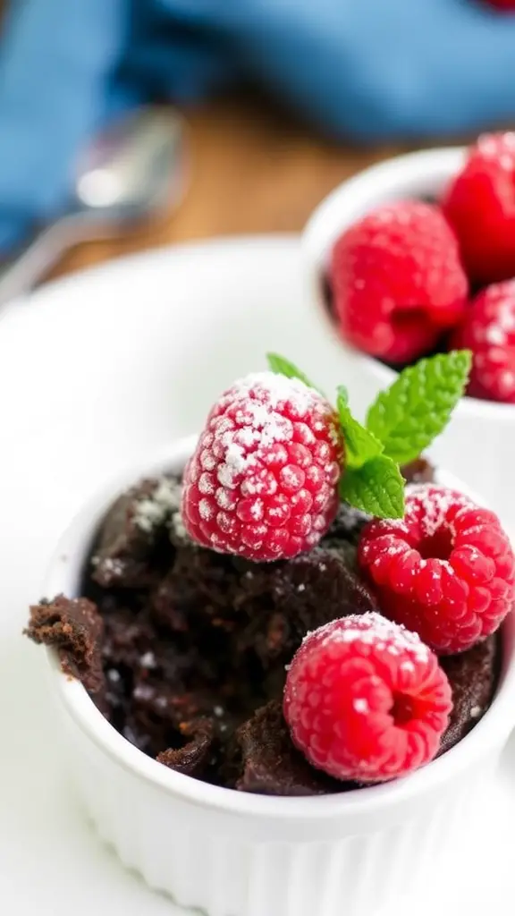 A single-serving brownie topped with raspberries and powdered sugar in a white ramekin.