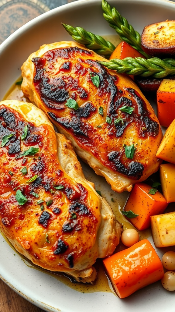 A plate of low carb chicken with roasted vegetables, featuring chicken breasts topped with a golden glaze and surrounded by bright, colorful vegetables.