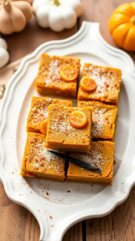 A plate of healthy pumpkin bars topped with orange slices and sprinkled with sugar.