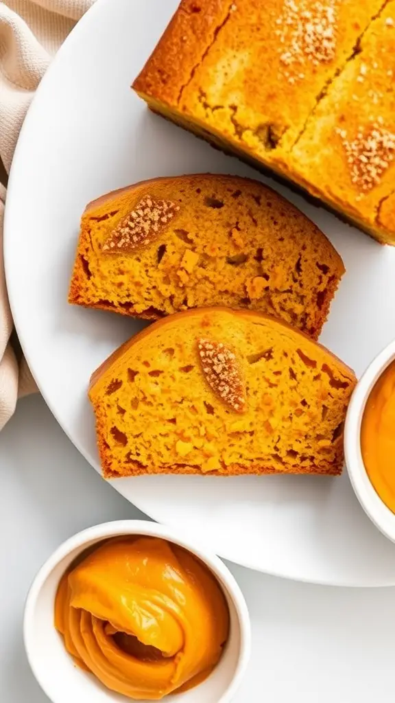 Sliced pumpkin banana bread with a side of pumpkin puree on a plate.