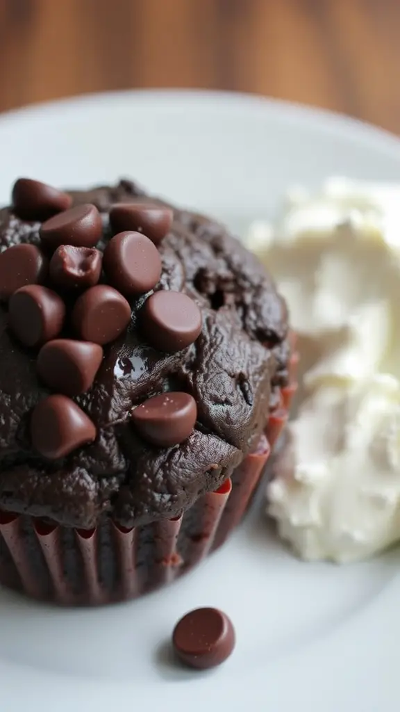 A delicious double chocolate muffin topped with chocolate chips on a plate