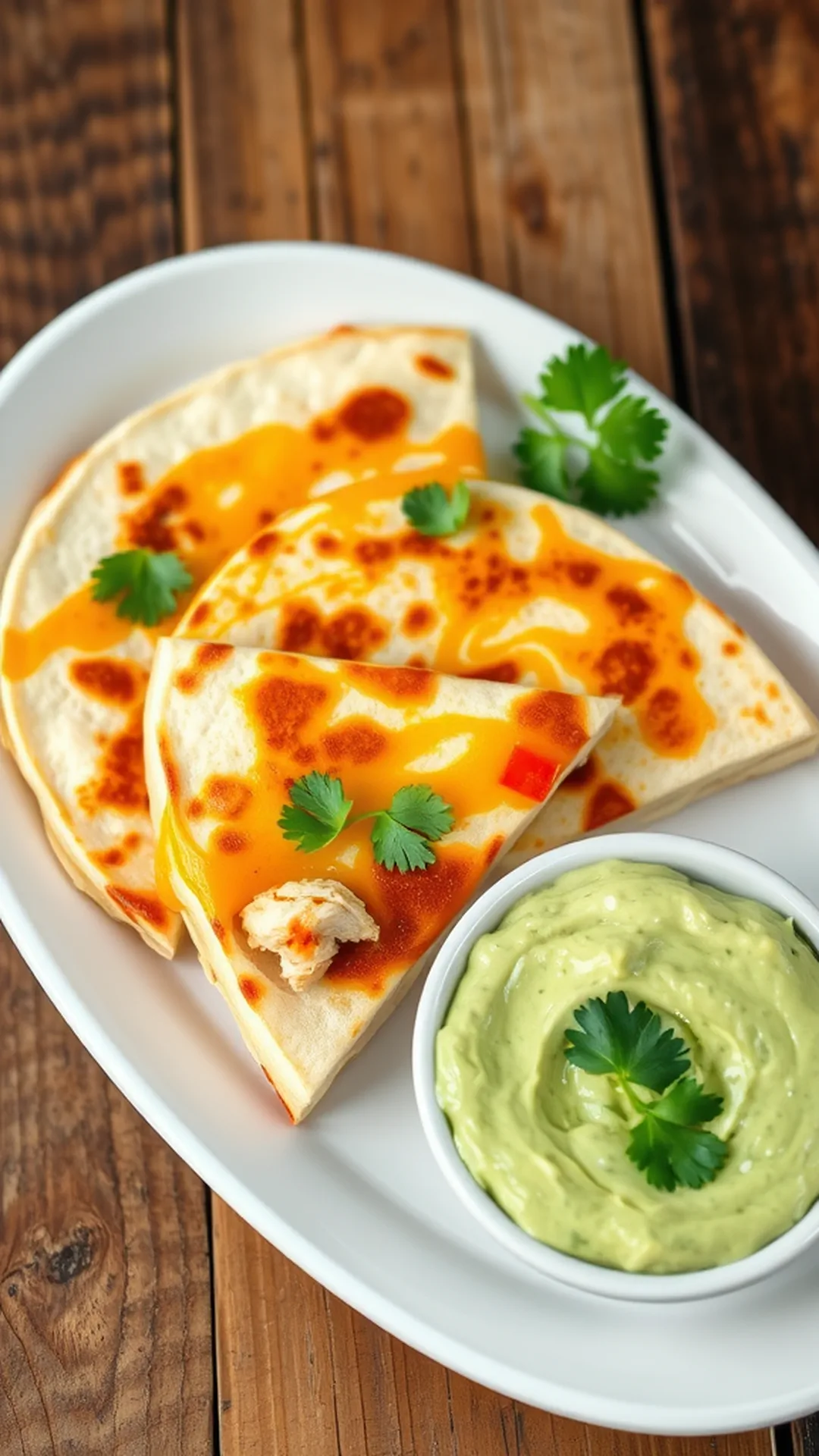 Cheesy Chicken Quesadillas with Avocado Crema