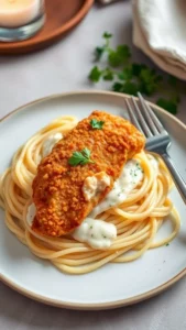 Irresistible Parmesan Crusted Chicken with Alfredo Pasta