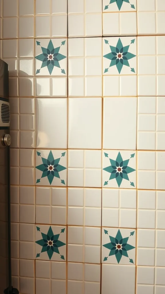 Tiles with geometric star patterns in teal and white