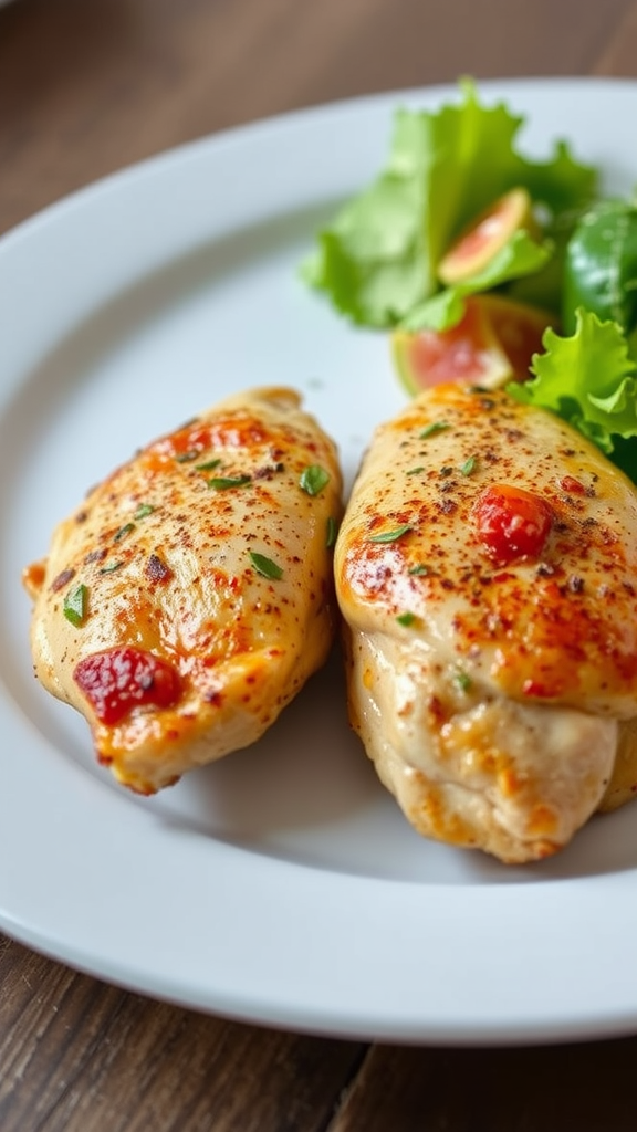 Cooked chicken breast served with fresh salad on a plate