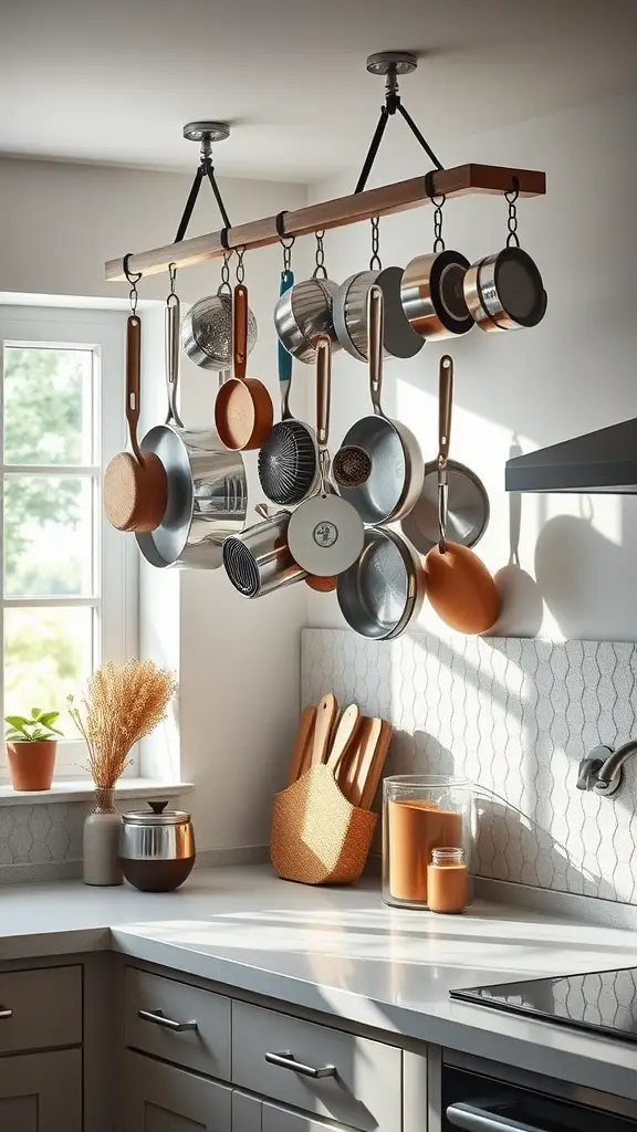 A stylish kitchen with cookware hanging from a wooden rack under a bright window.