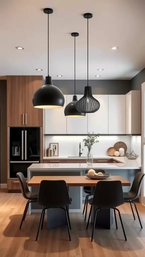 Stylish kitchen with modern black pendant lights over a dining table.