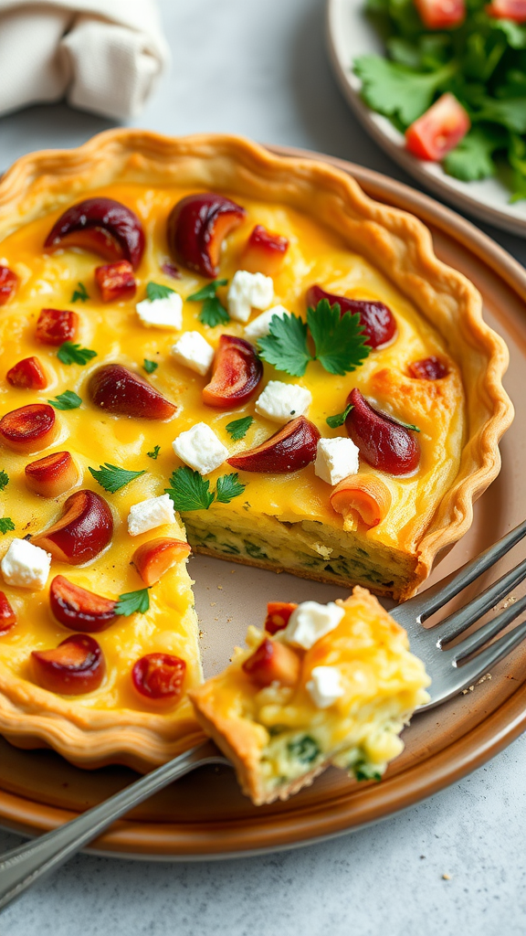 A slice of artichoke and feta quiche garnished with herbs, on a plate with a side salad.