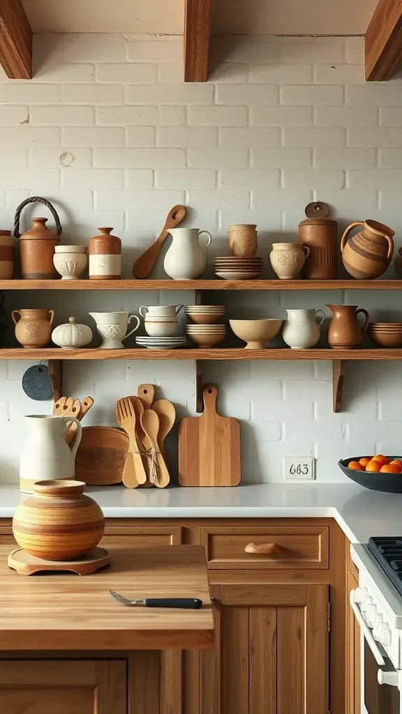 A kitchen display featuring artisan pottery and handmade wooden items.