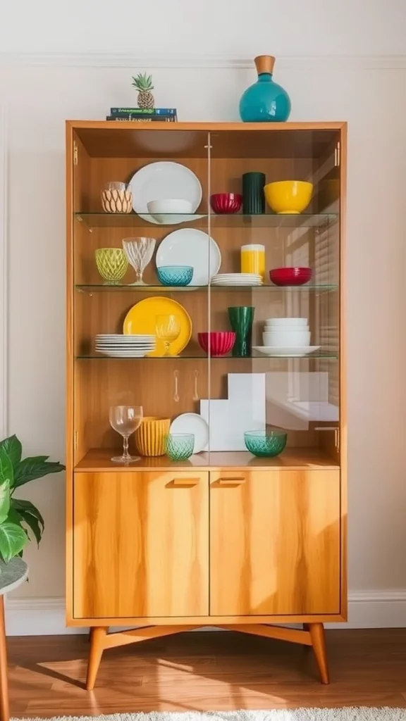 A wooden display cabinet filled with colorful dishes and glasses.