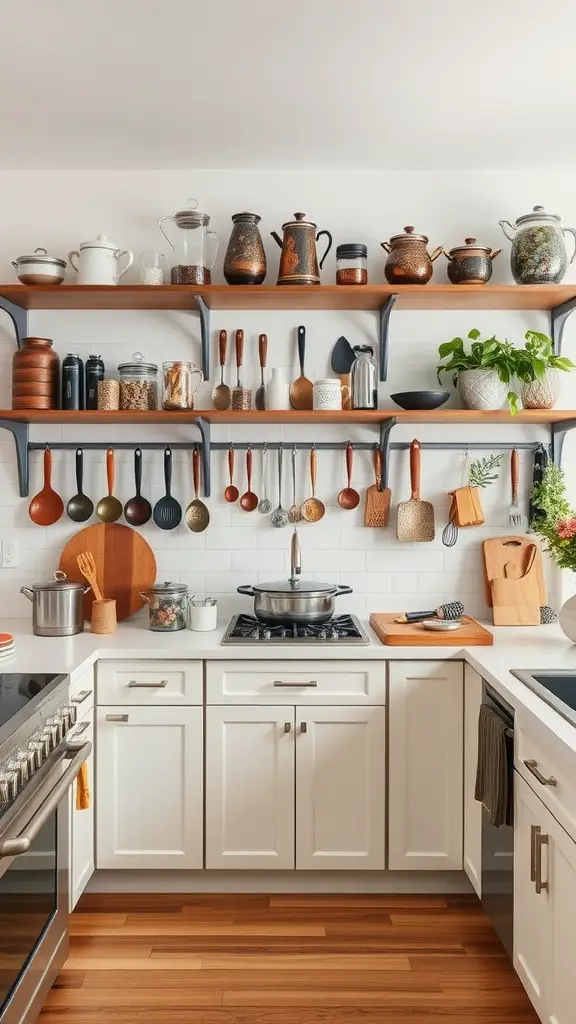 A kitchen shelf displaying various colorful cookbooks, wooden utensils, and kitchen accessories, creating a warm and inviting atmosphere.