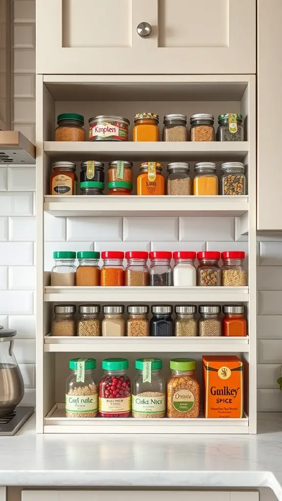 A wooden spice rack organized with various spices and jars, creating an attractive kitchen display.