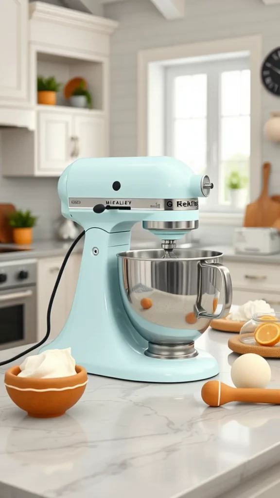 A pastel blue stand mixer on a kitchen countertop with ingredients like eggs and cream nearby.