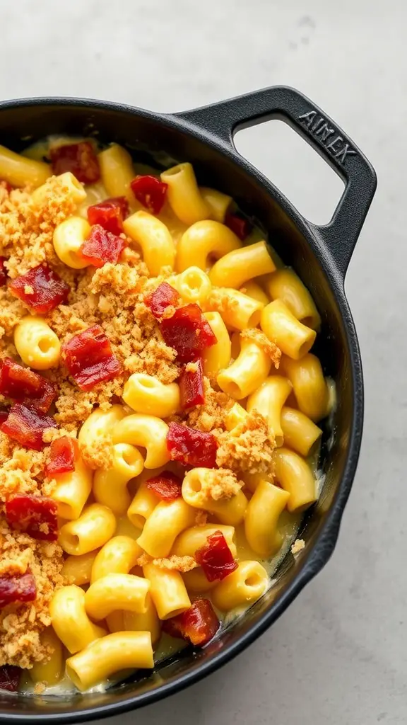 A close-up of macaroni pasta mixed with cheese and topped with crispy bacon bits.