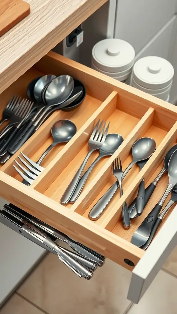 A wooden drawer organizer with neatly arranged utensils, including forks, spoons, and knives.