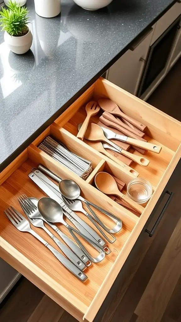 A neatly organized bamboo drawer with utensils and kitchen tools.