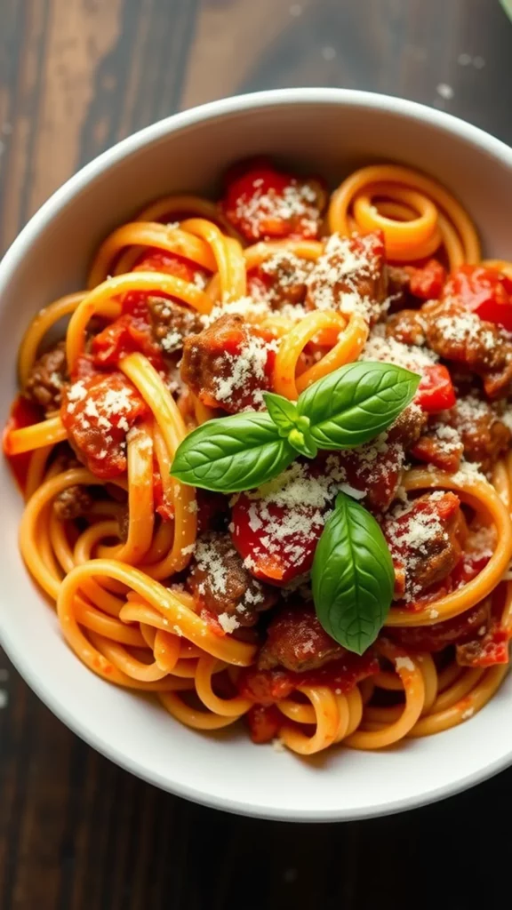 A bowl of Banza pasta with beef marinara topped with fresh basil and grated cheese.