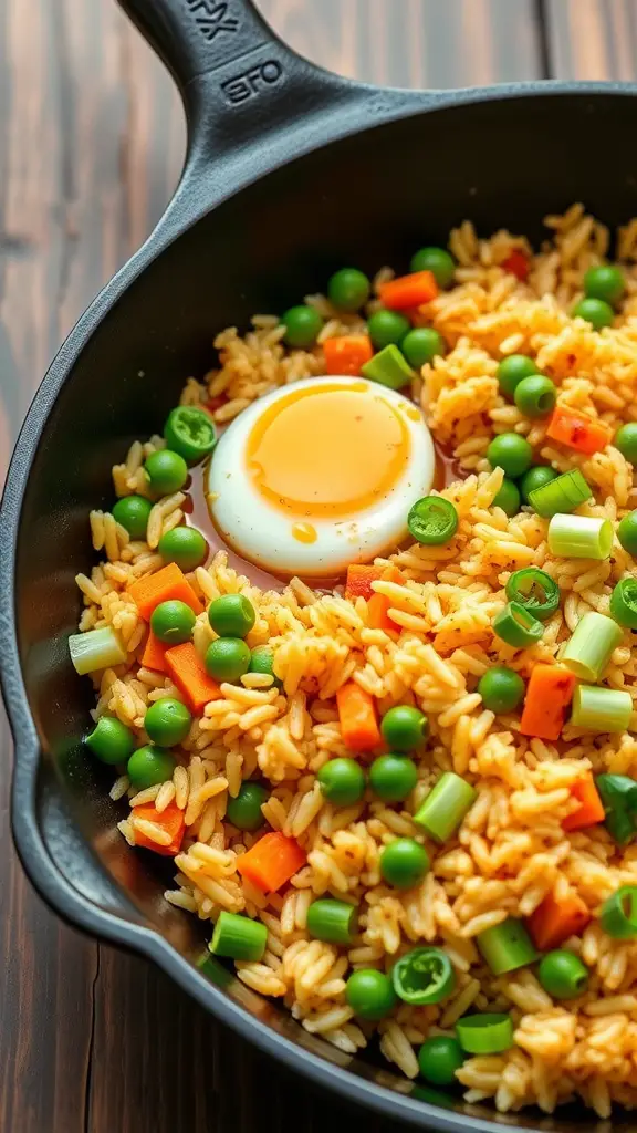 A skillet filled with colorful fried rice, featuring vegetables and a fried egg.