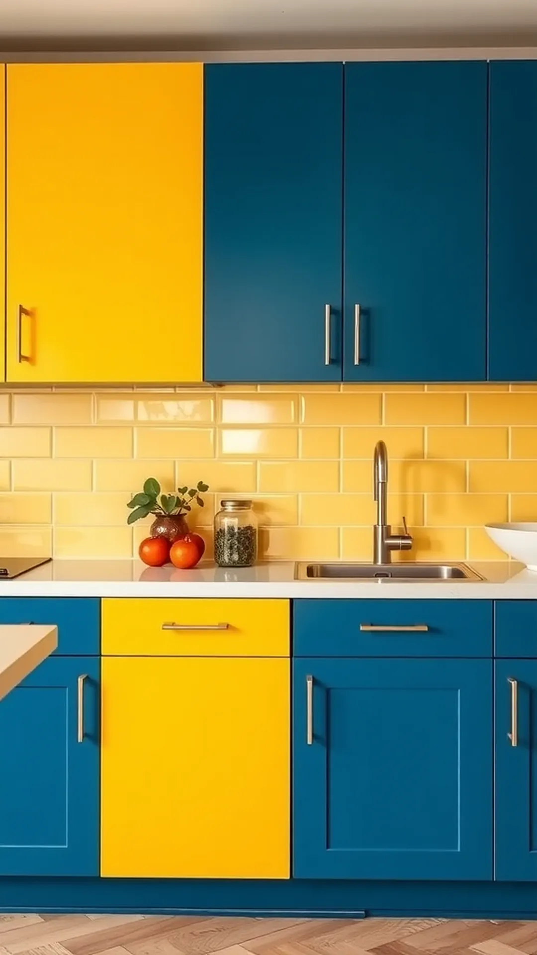 A kitchen featuring blue and yellow cabinetry with a yellow backsplash and modern fixtures.