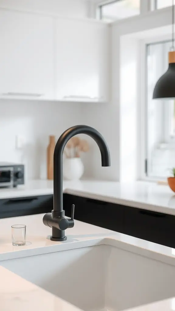 A sleek black kitchen faucet on a white countertop in a modern kitchen setting