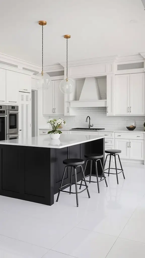 Modern kitchen with a black island and white cabinets