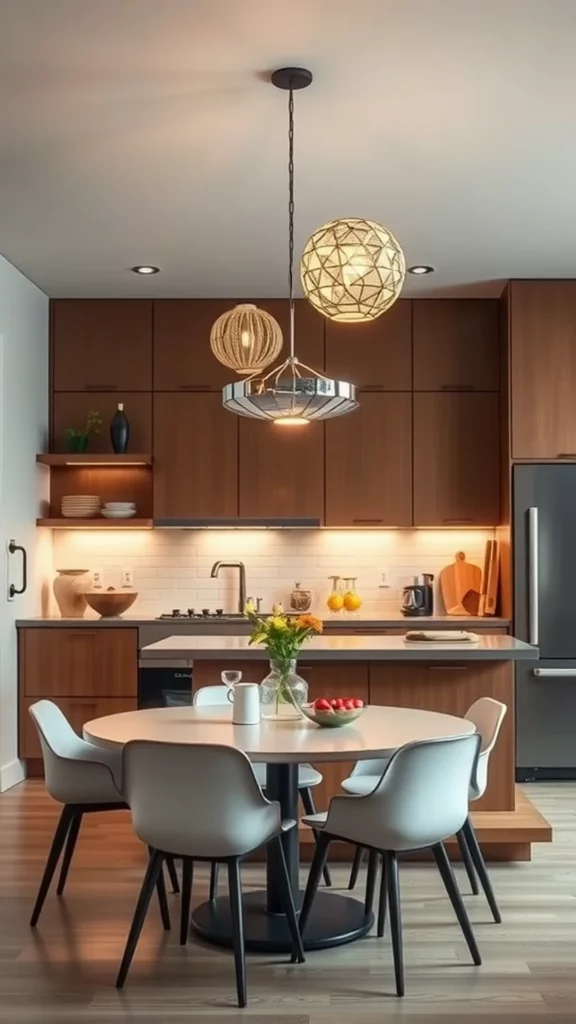 A modern kitchen featuring geometric pendant lights above a dining table, with wooden cabinetry and sleek appliances.