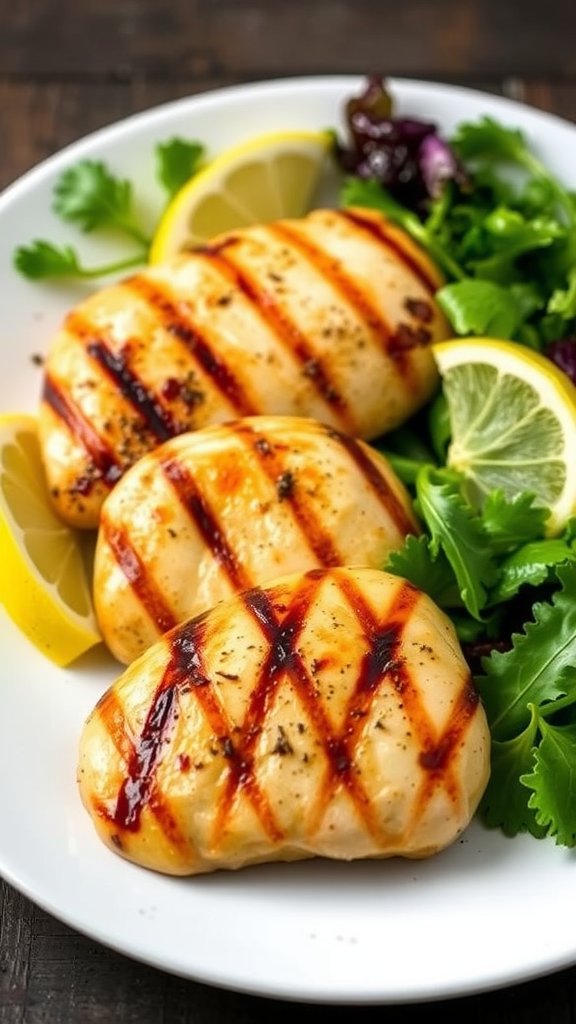 Grilled boneless chicken breasts served with lemon and mixed greens