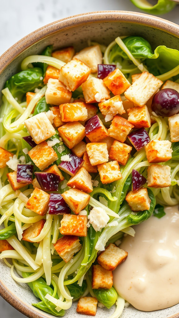 A bowl filled with Brussels Sprout Caesar Salad topped with croutons and a creamy dressing.