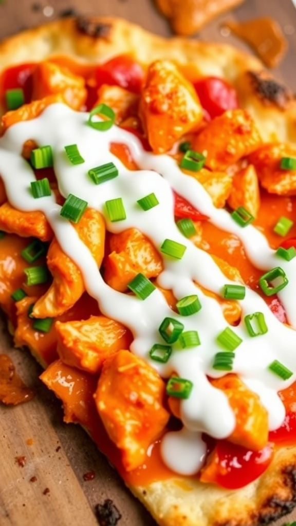 Delicious buffalo chicken pizza topped with ranch and green onions.