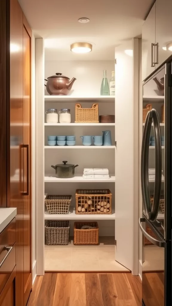 A well-organized built-in pantry with shelves holding pots, dishes, and baskets.