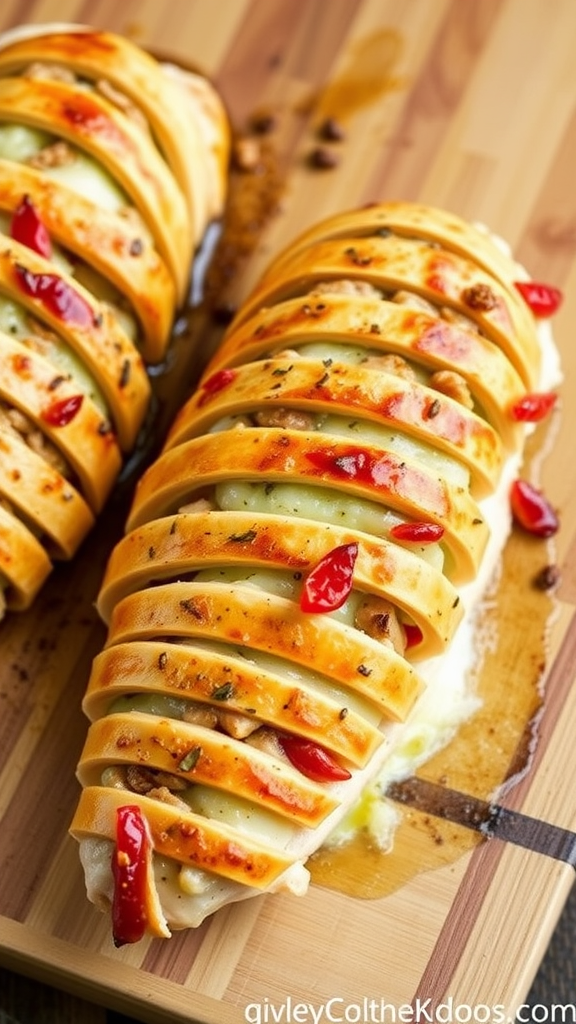 A close-up of Cajun Hasselback Chicken with sliced cheese and peppers on a cutting board.