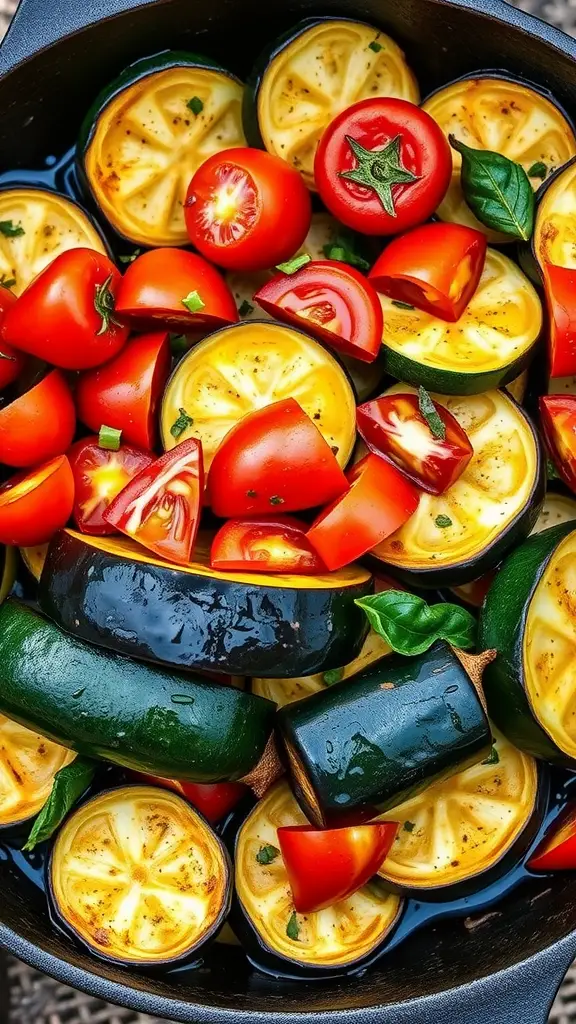 Close-up of a skillet filled with fresh vegetables for ratatouille, including zucchini, tomatoes, and lemon slices.