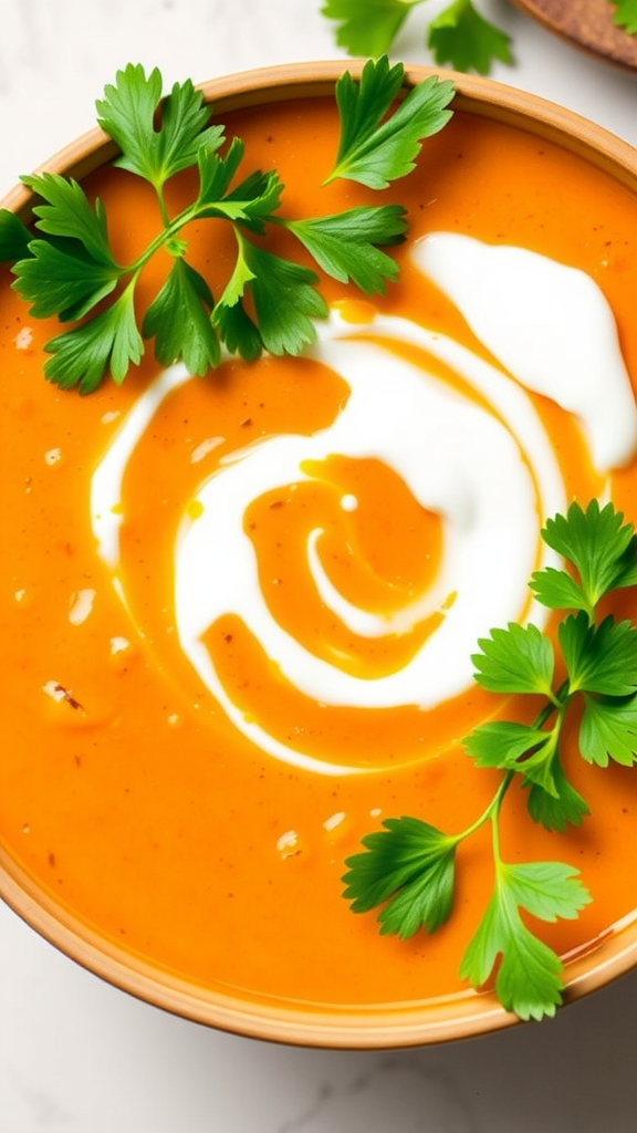 A vibrant bowl of carrot lentil ginger soup topped with a swirl of yogurt and fresh parsley.