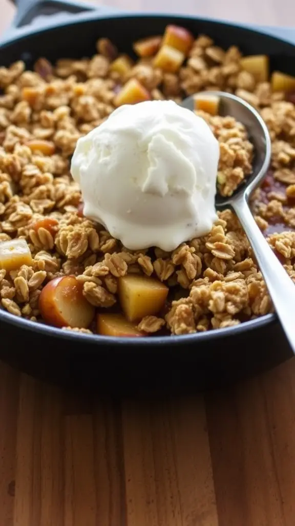 A cast iron skillet filled with apple crisp topped with a scoop of vanilla ice cream