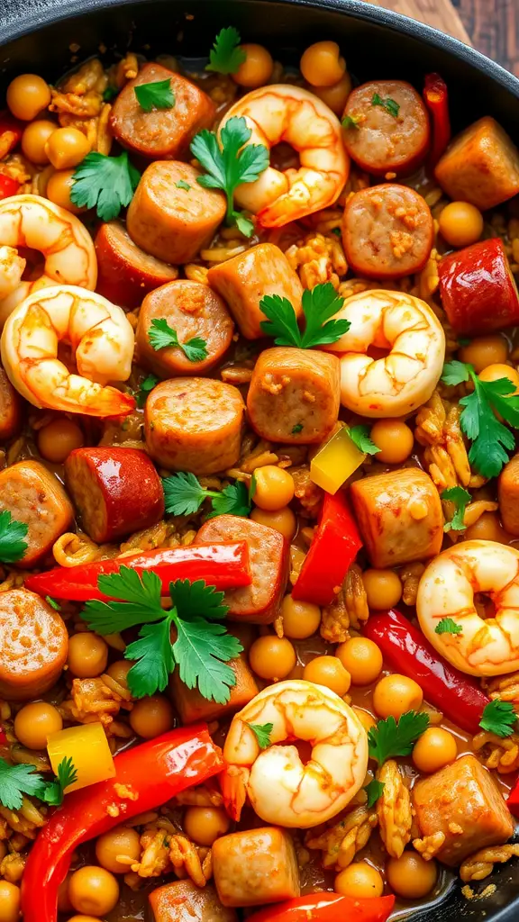 A close-up of cast iron jambalaya featuring shrimp, sausage, and colorful vegetables.