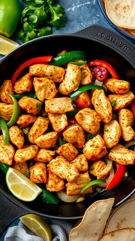 Delicious chicken fajitas in a cast iron skillet with colorful peppers and lime