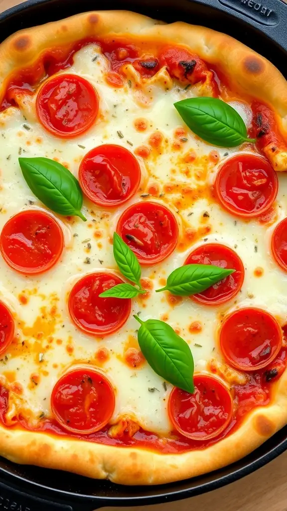 A delicious pepperoni pizza topped with fresh basil in a cast iron skillet.