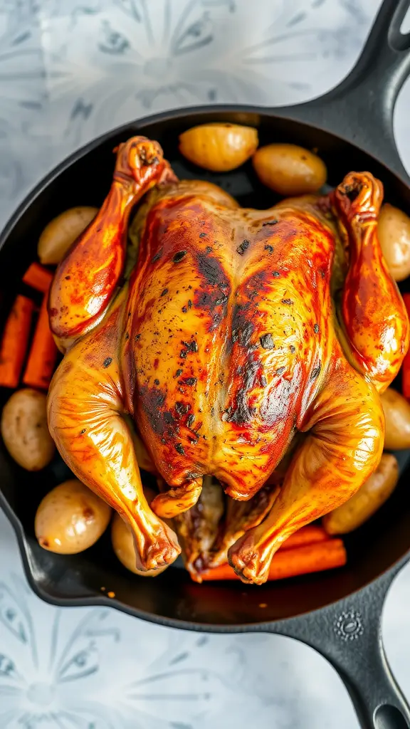 A whole roasted chicken surrounded by baby potatoes and carrots in a cast iron skillet.