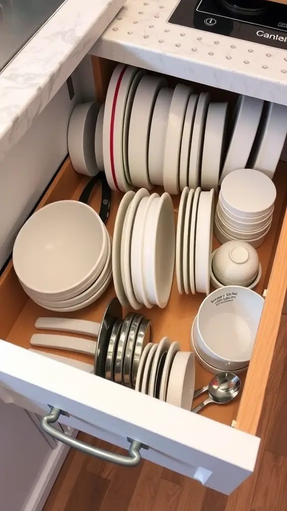 Neatly organized dishware in a kitchen drawer, showcasing various plates and bowls.