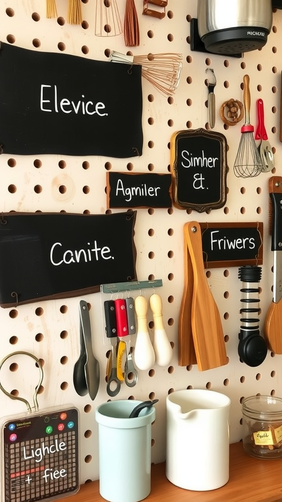 Pegboard with chalkboard labels marking different kitchen areas and tools.