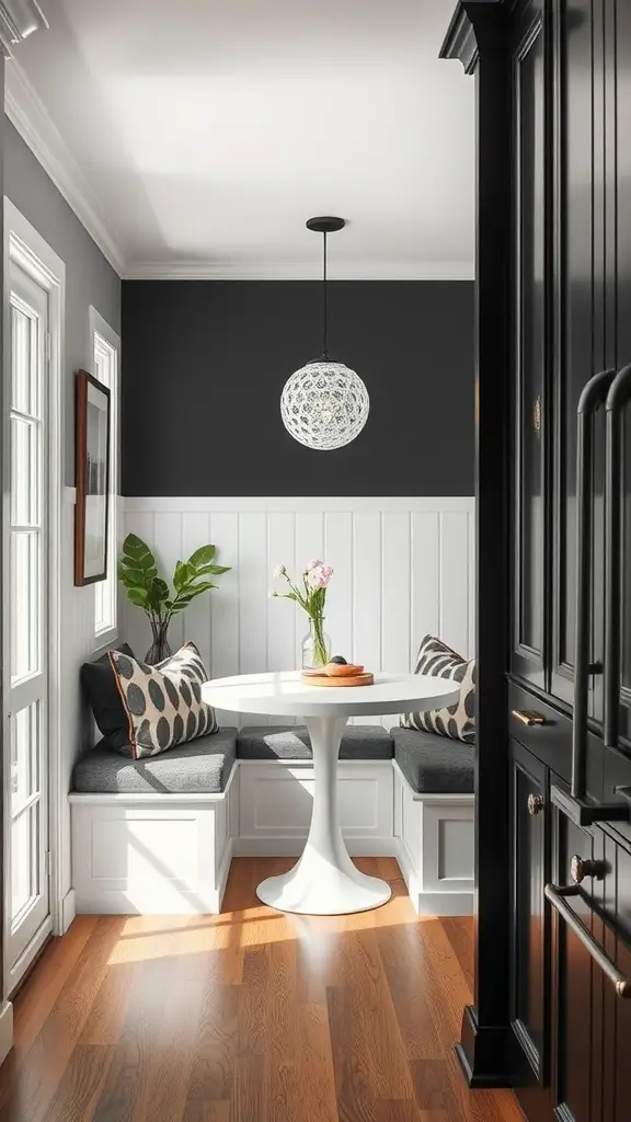 A cozy breakfast nook with gray walls, white wainscoting, a round table, and comfortable seating.