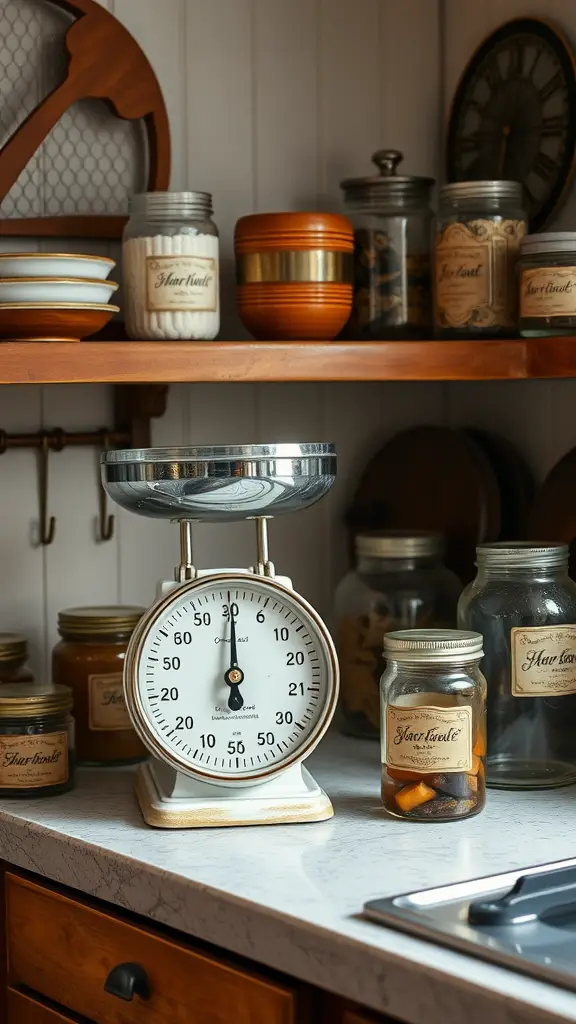 A vintage kitchen scale surrounded by glass jars and wooden shelves, creating a cozy and charming atmosphere.