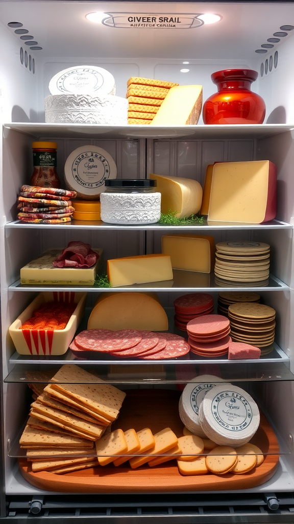 A well-organized fridge filled with various cheeses and charcuterie meats, showcasing a colorful selection of ingredients.